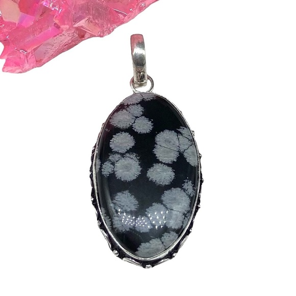Jewelry - Snowflake Obsidian Necklace Pendant 925 Sterling Silver Overlay Black Stone Oval